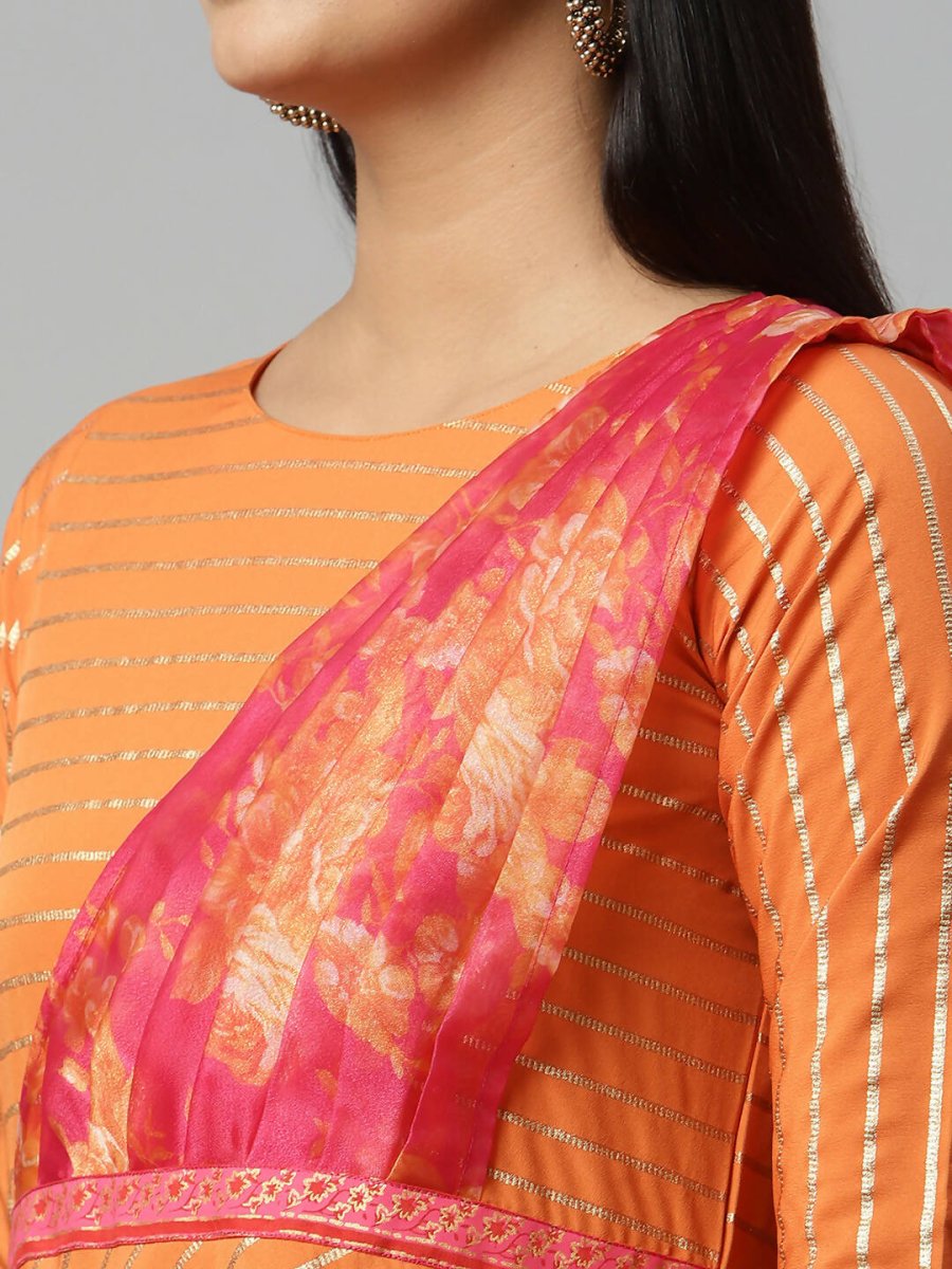 Ahalyaa Women's Orange Crepe Gold Print Dress