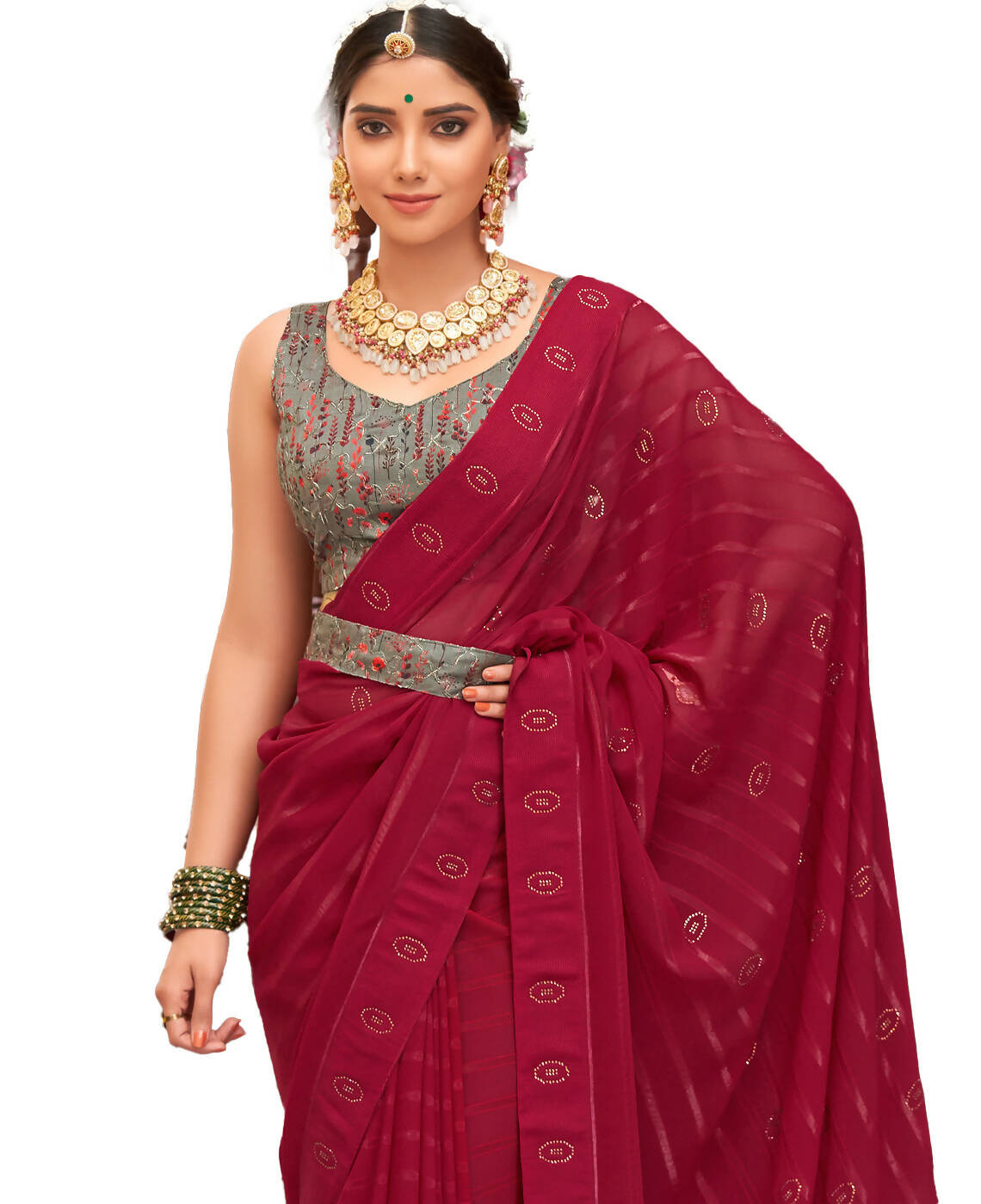 Maroon Georgette Swaroski Work Saree With Unstitched Blouse Piece - Juhi