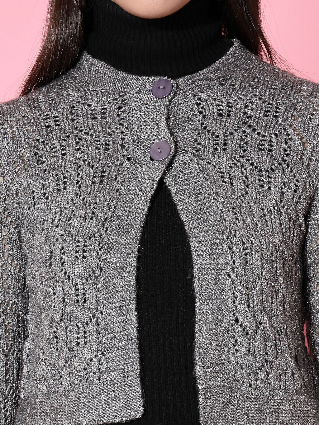 Women Self Design Grey Acrylic Winter Shrug - Wool Trees