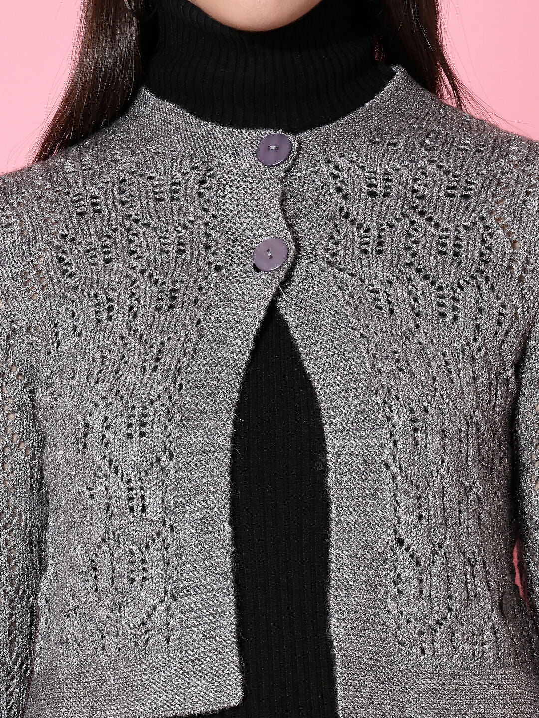 Women Self Design Grey Acrylic Winter Shrug - Wool Trees