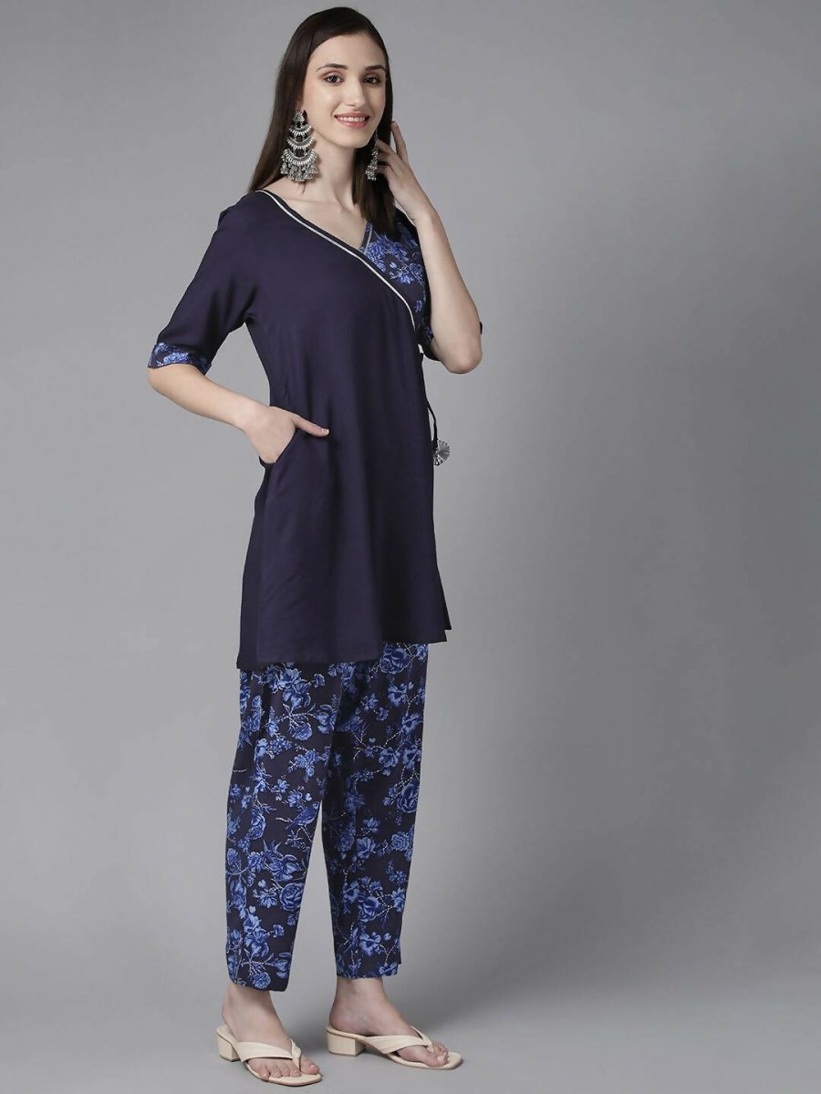 Ahalyaa Women Navy Blue Rayon Wax Printed Angrakha Gotta Patti Tunic With Trousers