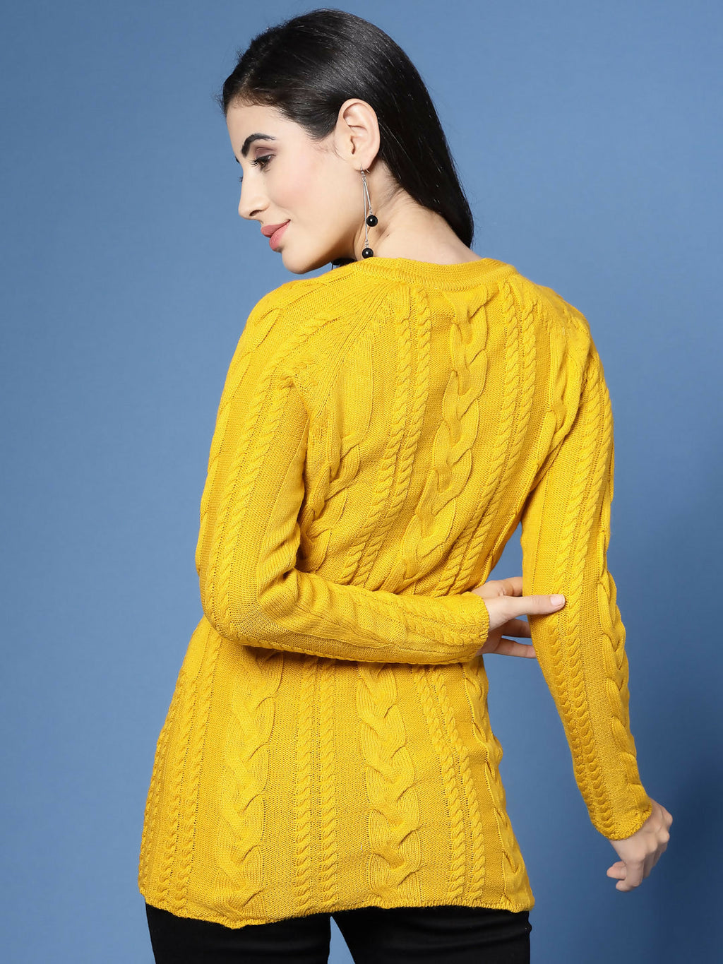 Women Mustard Acrylic Self Design Winter Dress - Wool Trees