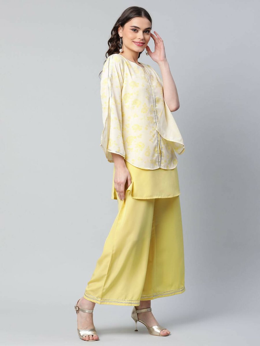 Ahalyaa Womens Yellow Crepe Printed Top Palazzo Set