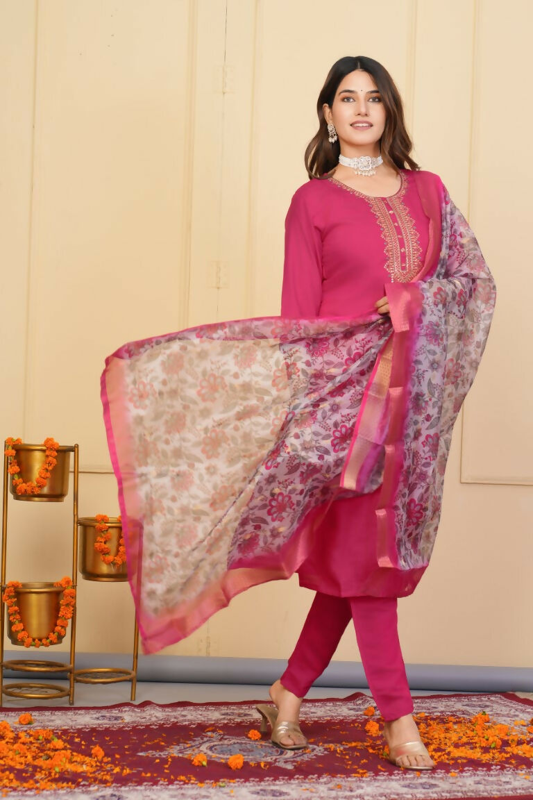 Red Viscose Chanderi Embroidered Stitched Suit With Dupatta - Tanisha