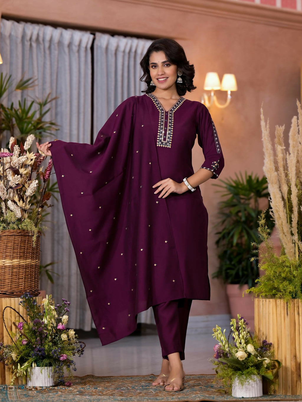 Juniper Women's Wine Thread Embroidered Viscose Kurta Pant And Dupatta Set With Sequins Work & Zari Work