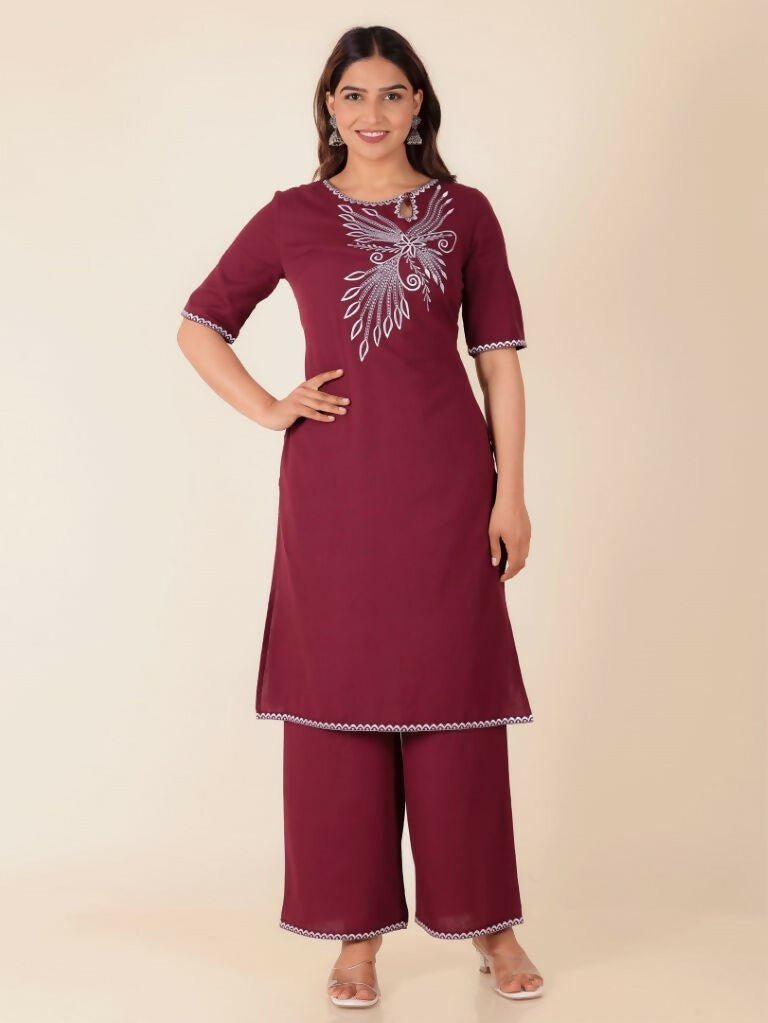 Aramya Maroon Linen Cotton Solid Straight Kurta for Women