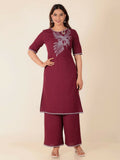 Aramya Maroon Linen Cotton Solid Straight Kurta for Women
