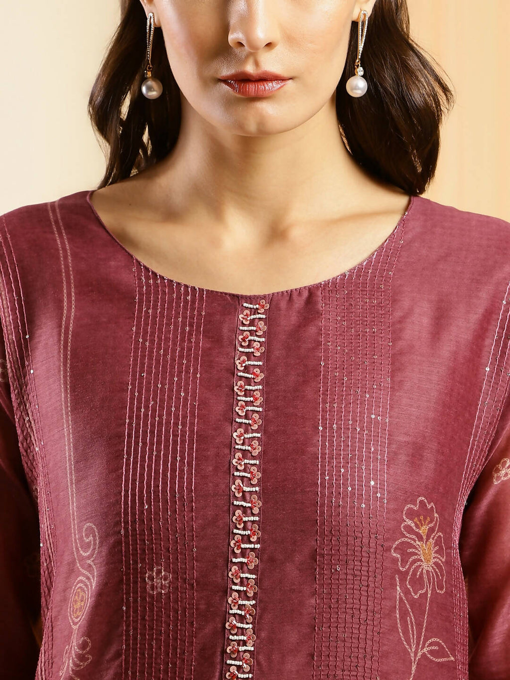 Maroon Chinon Digital Printed With Hand Work Kurta - Himanshi
