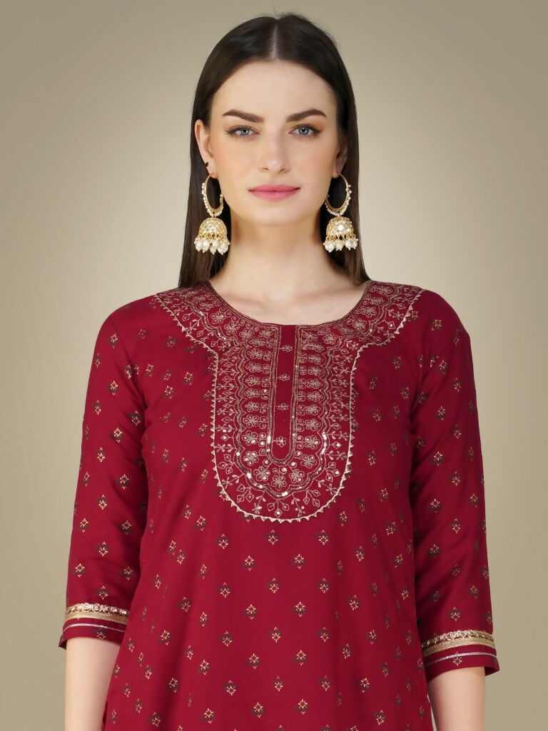 Jyoti Fashion Women's Maroon Cotton Magic Slub Embroidery & Sequence work Kurta with Trouser & Dupatta