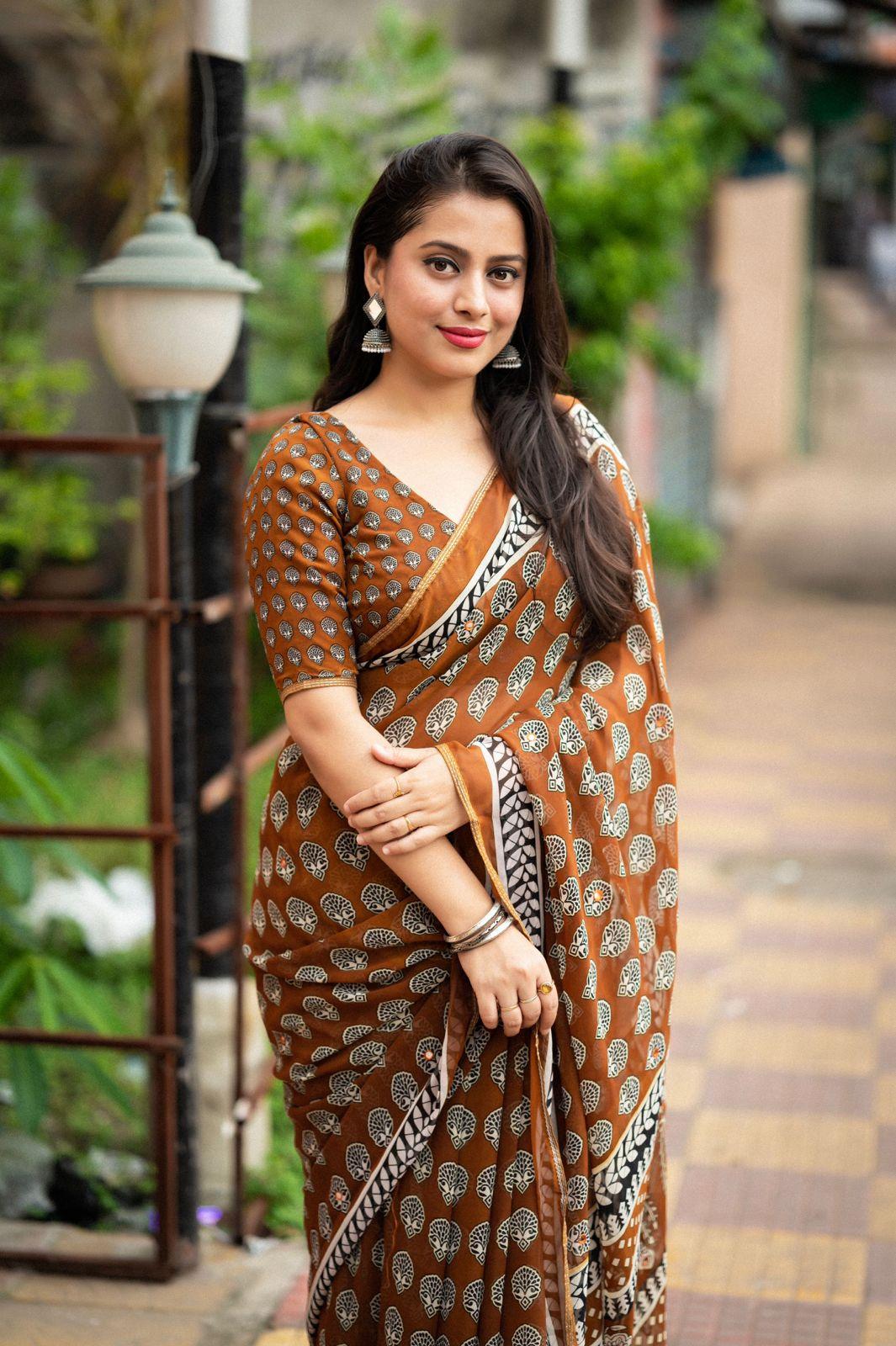 Mustard Poly Georgette Ajrak Saree with Unstitched Blouse - Hiral Fashion