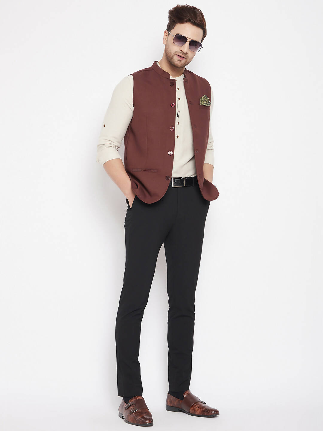 Even Apparels Maroon Merino Men Woven Nehru Jacket