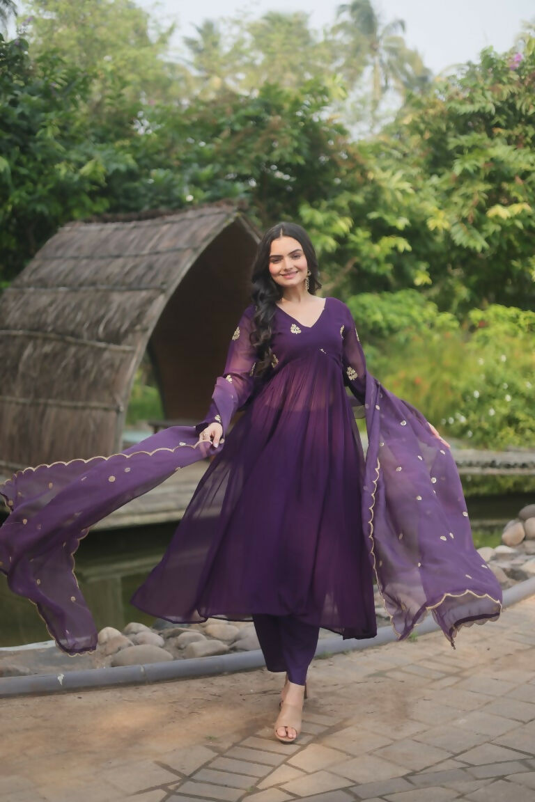 Jyoti Fashion Women's Wine Faux Blooming Embroidered Kurta with Trouser & Dupatta