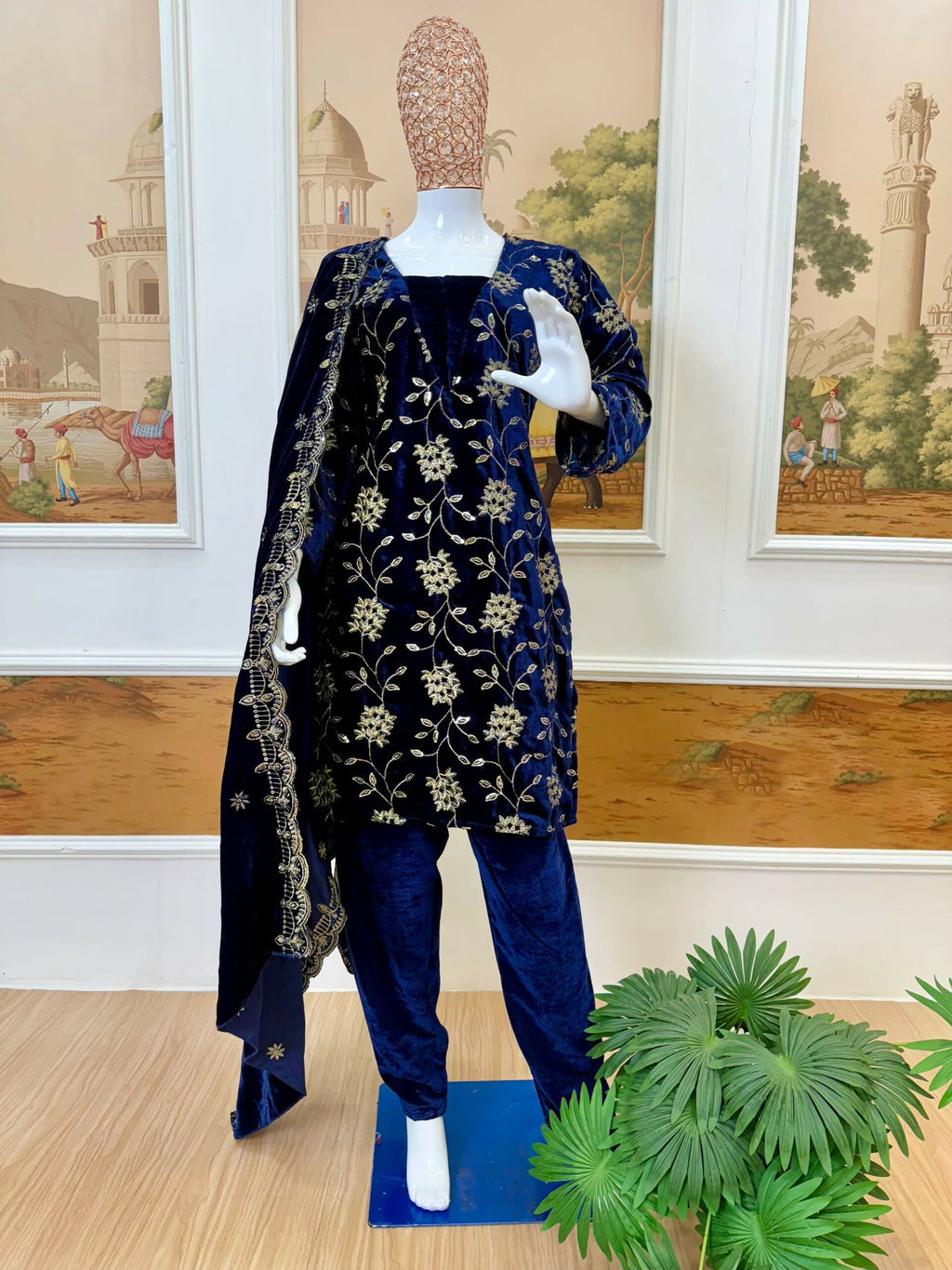 Vastranavya Blue Velvet Front Embroidery Work Kurta With Bottom & Dupatta