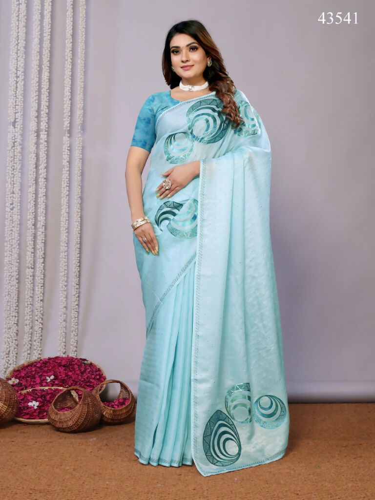 Sky Blue Organza Crepe Printed Stone Work Saree - Norita Saumya