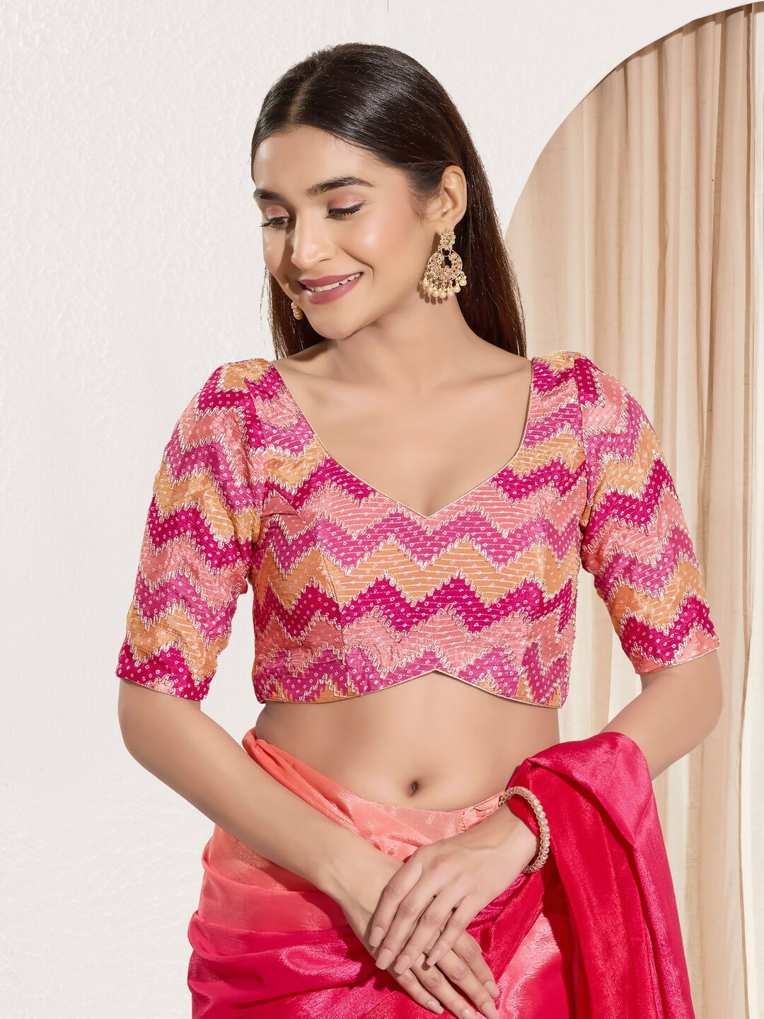 Joban Fashion Pink Chiffon Padded Blouse With Square Neck Elbow Sleeves