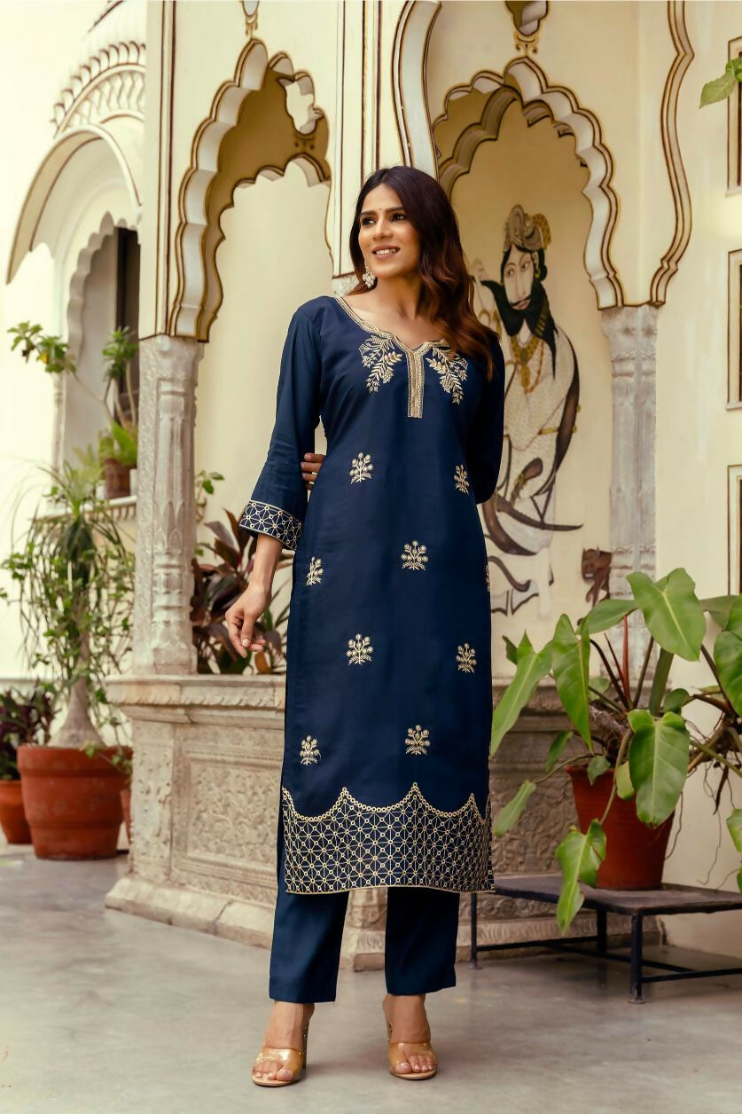 The52 Navy Blue Women's Beautiful Viscose Chanderi Fabric Thread Work Straight Kurta Pant and Dupatta Set