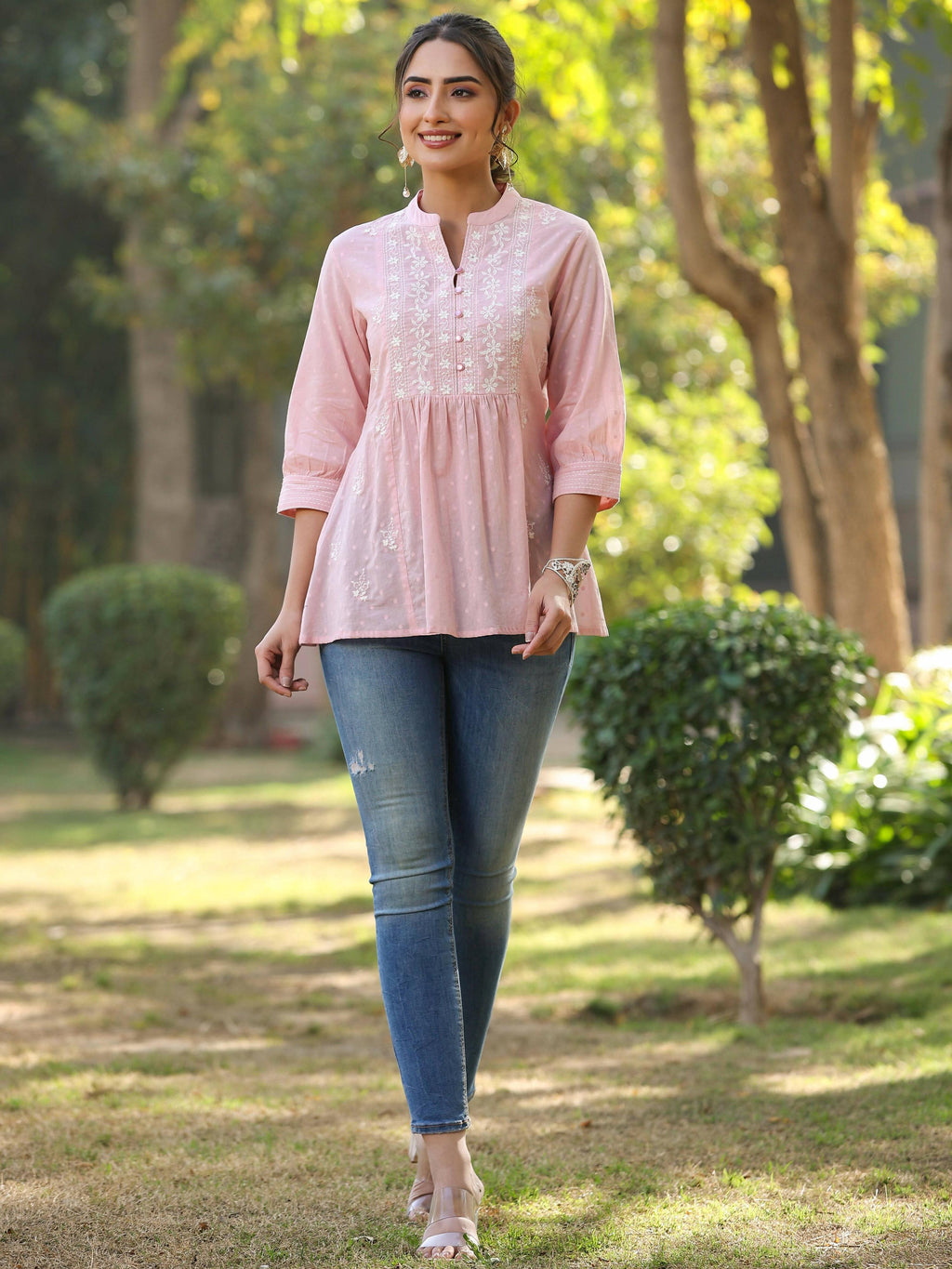 Juniper Women's Pink Cotton Solid With Embroidered Straight Tunic