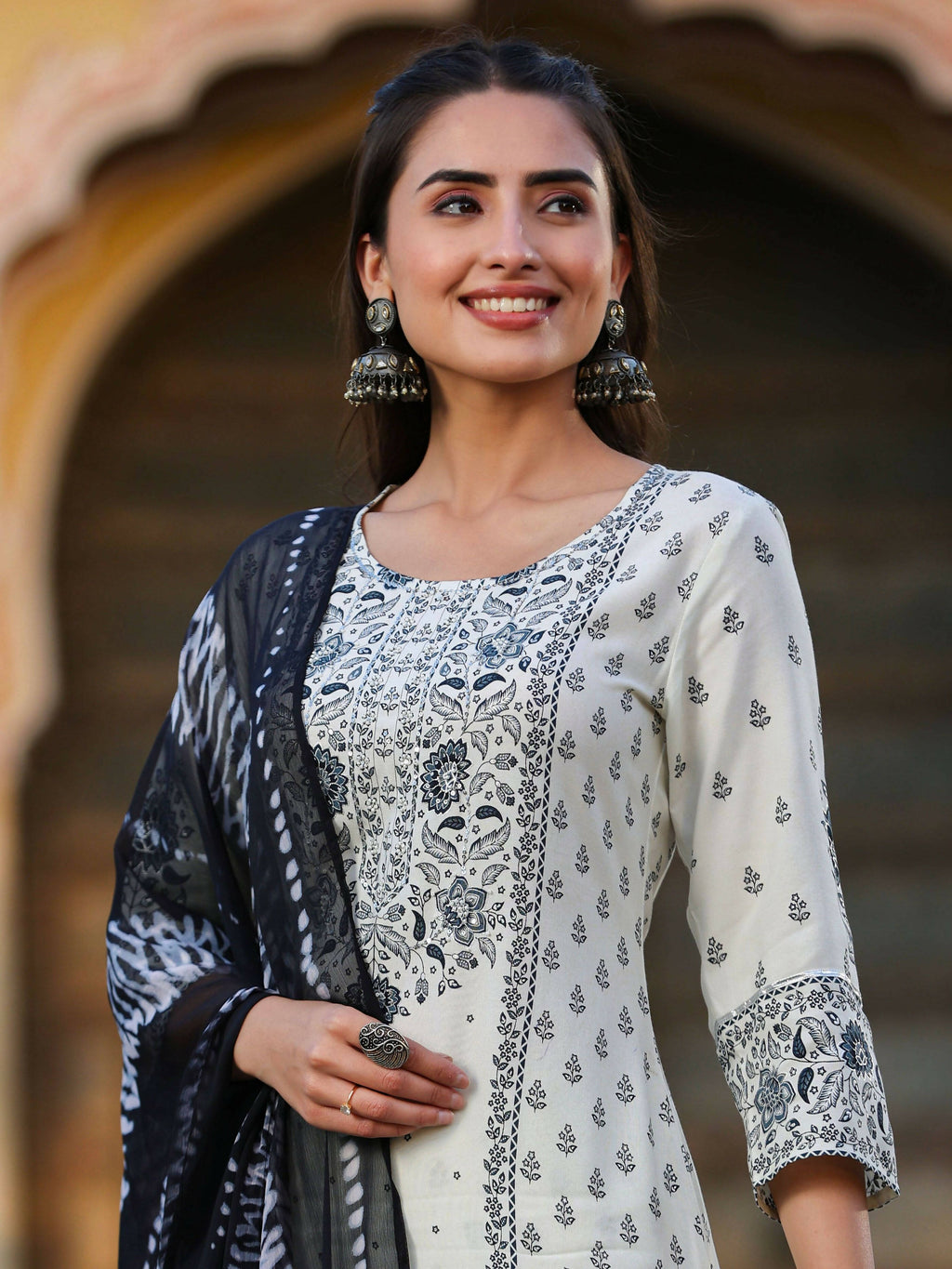 Juniper Women's Off White Rayon Floral Placement Kurta With Sharara And Dupatta Set