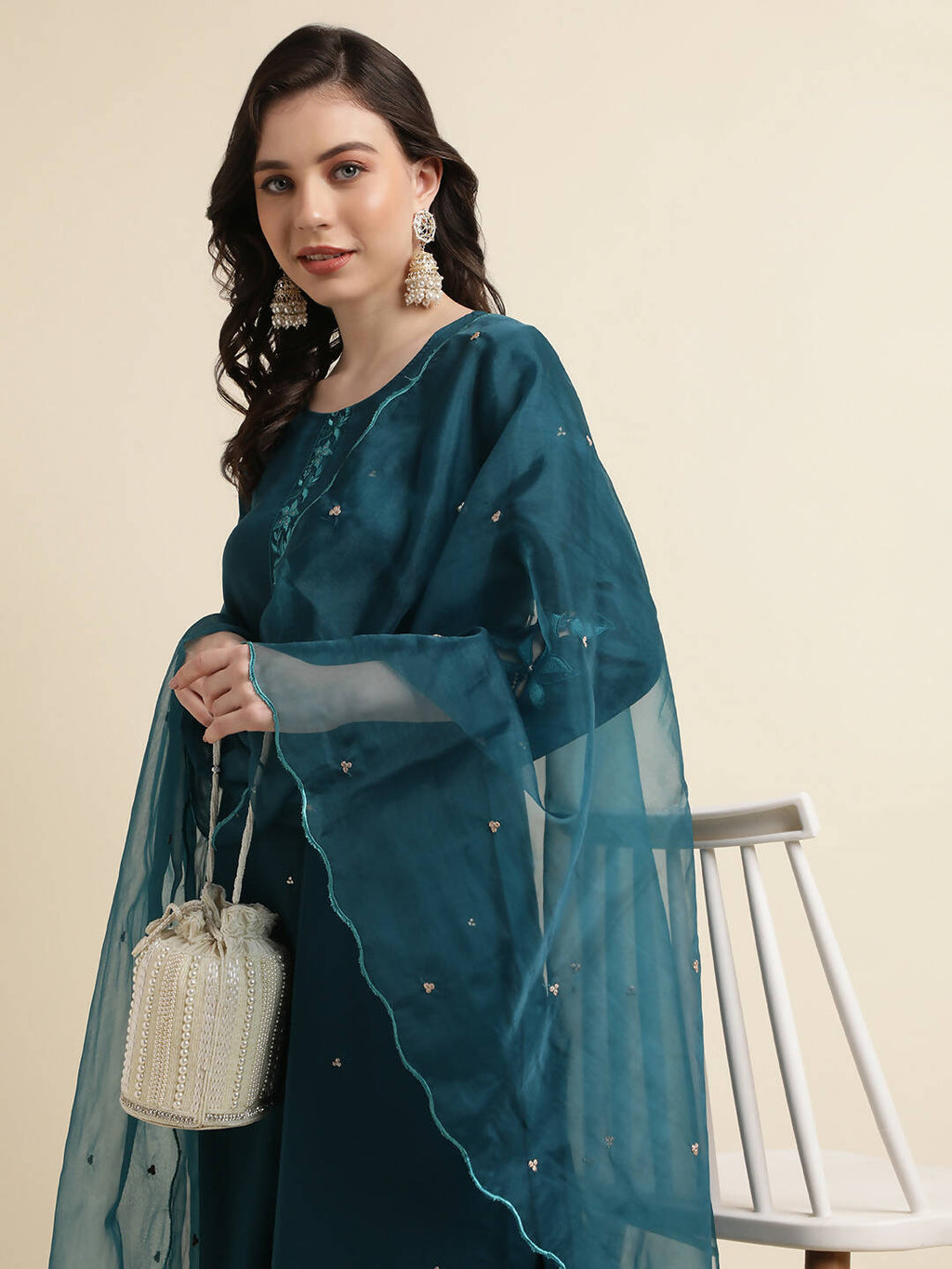 Teal Chinon Silk Embroidered Straight Kurta with Trouser & Dupatta - Salimar