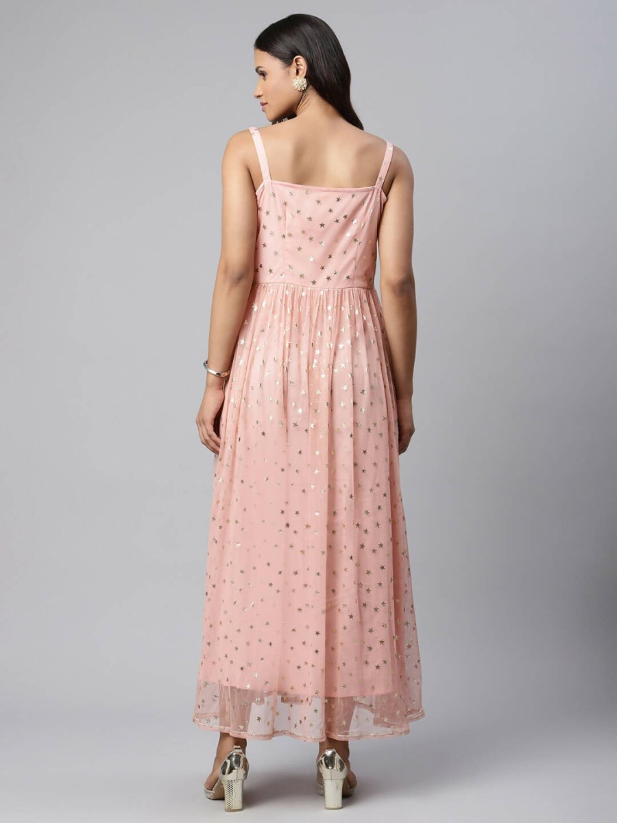 Ahalyaa Women Pink Net Gold Foil Print Dress