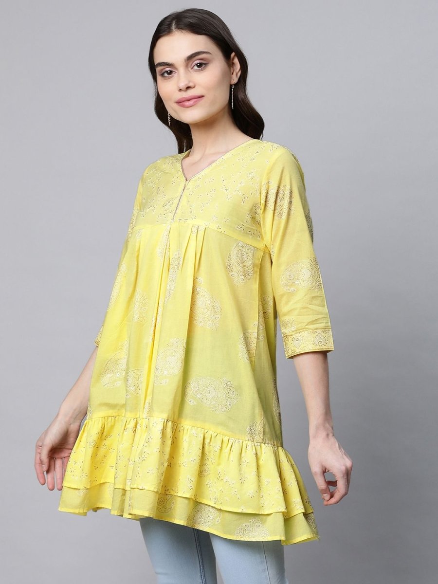 Ahalyaa Women Yellow Cotton Printed Tunic