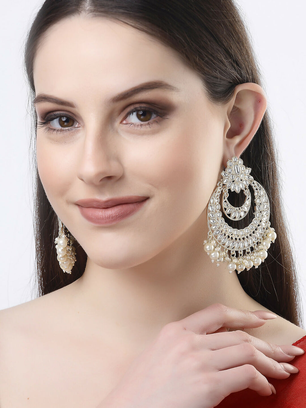 NVR Women Gold-Polished Kundan Handcrafted Chandbalis Earrings