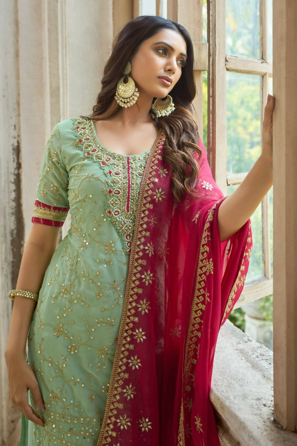 Sea Green Heavy Fox Georgette Embroidered Semi Stitched Suit - Dhvani