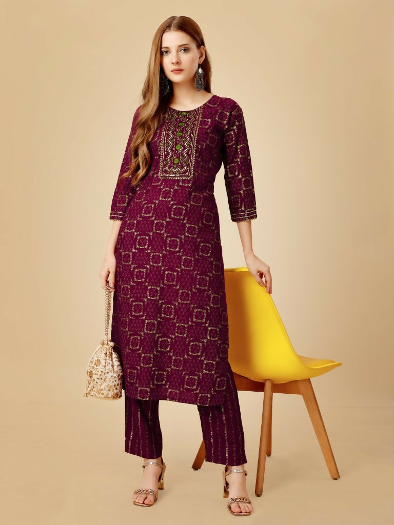 Jyoti Fashion Women's Wine Viscose Rayon Embroidered Kurta Pant Set