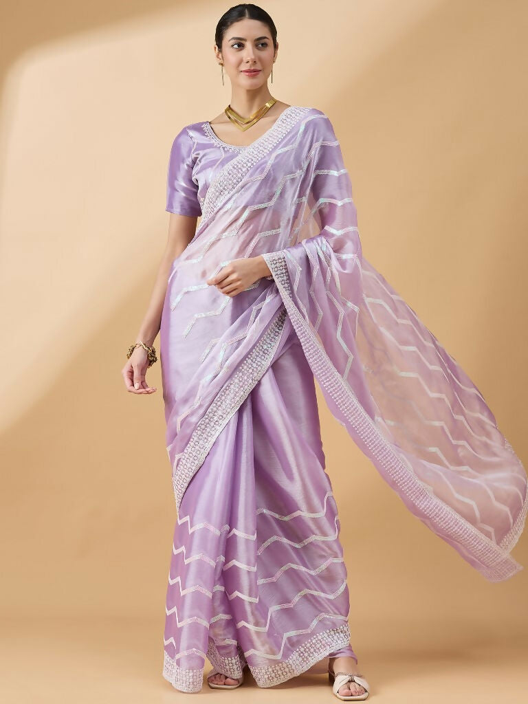 Purple Tissue Slub Embroidered Saree with Unstitched Blouse - Vairagi