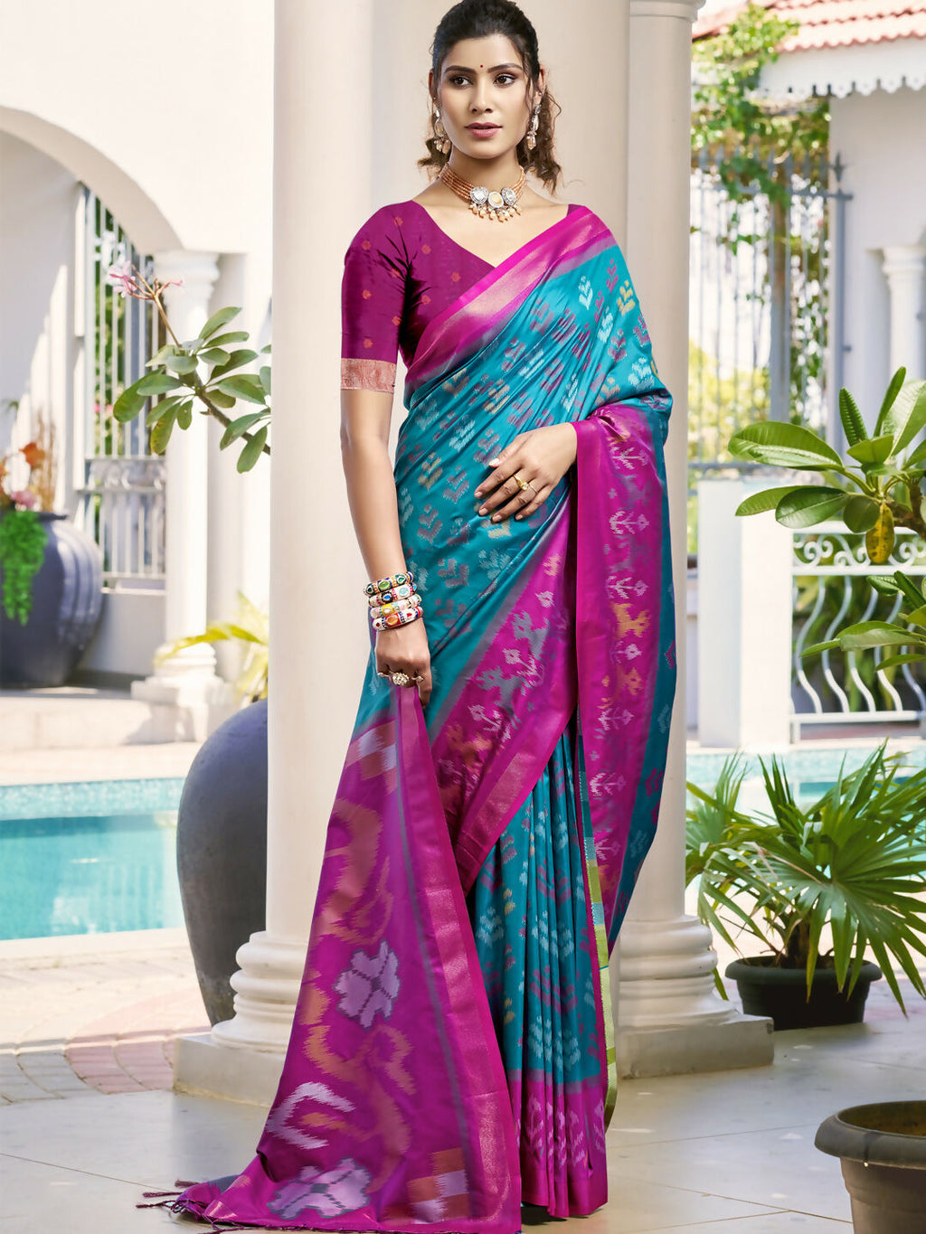 Shree Shyam Fashion Pochampalli Silk Sky Blue Saree
