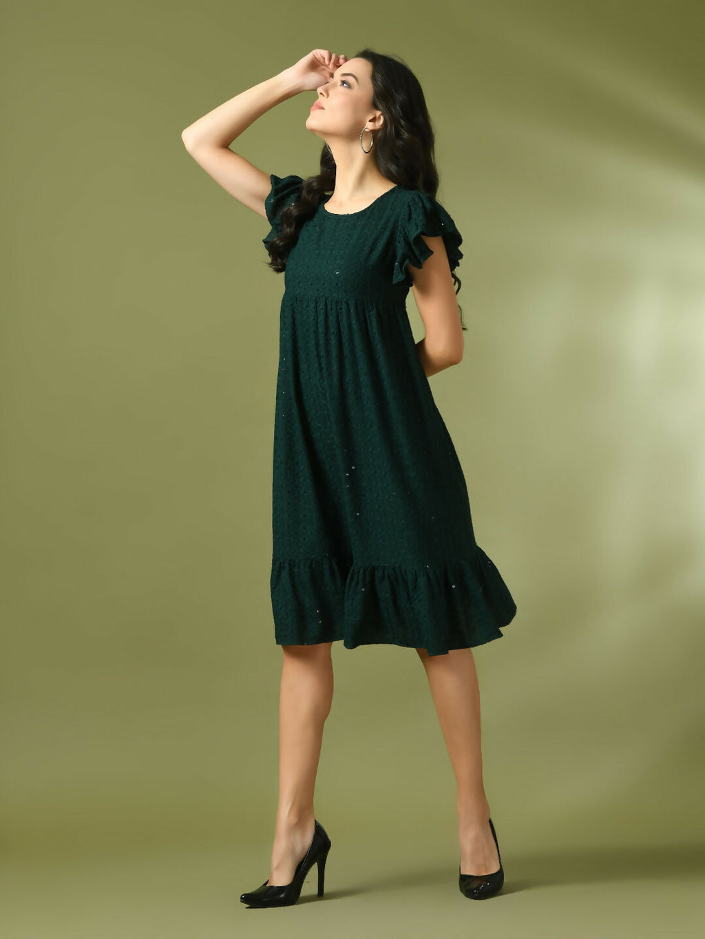 Myshka Women's Green Embroidered Cotton Round Neck A-Line Party Dress