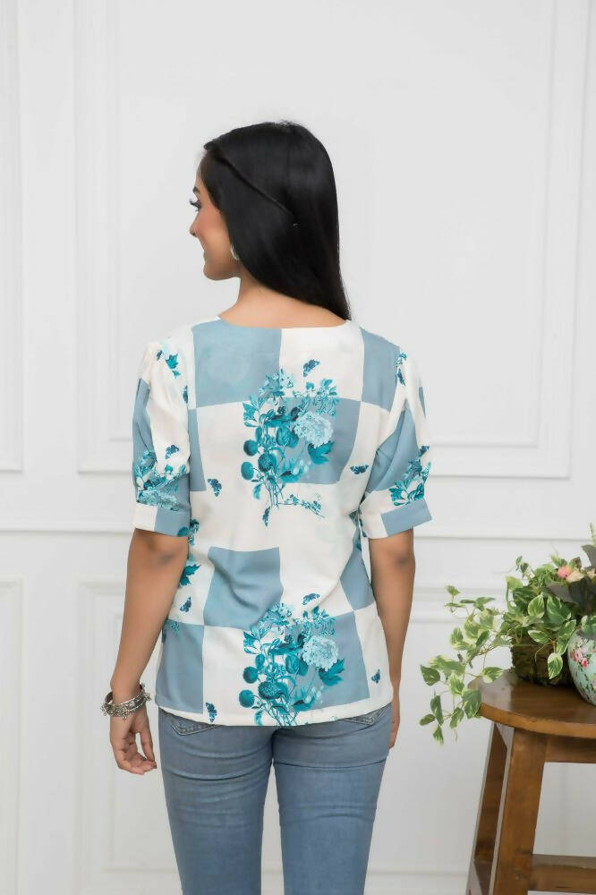 Myshka Women White Floral V-Neck Flutter Sleeves Viscose Rayon Top