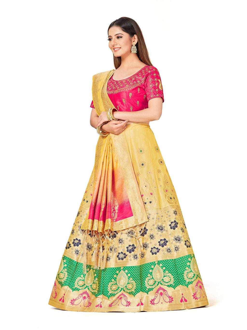 Mimosa Women's Semi-Stitched Art Silk Yellow Lehenga Choli with Dupatta