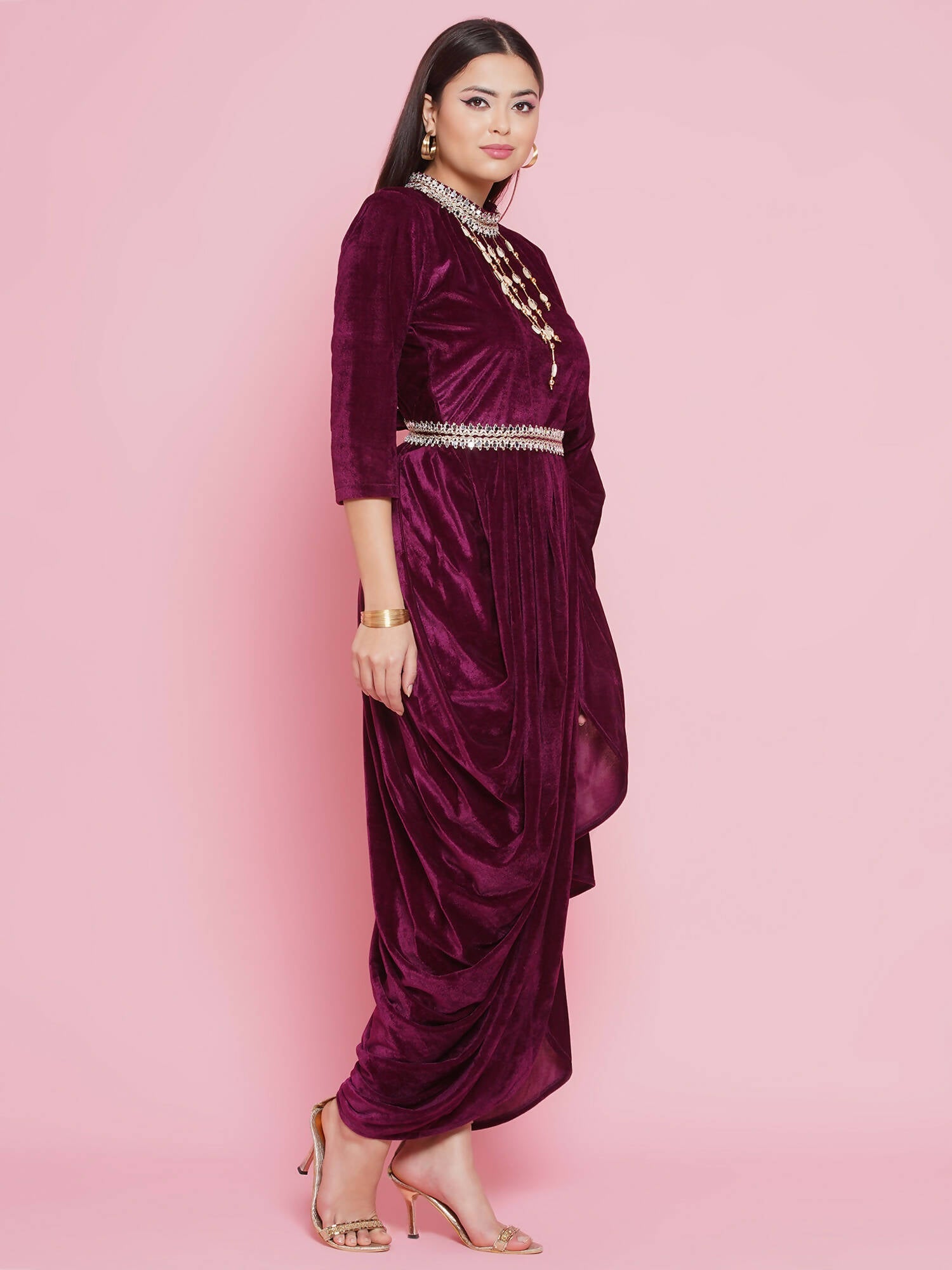 Women Republic Burgundy Velvet Kurta With Attached Neckalace,Belt And Pant