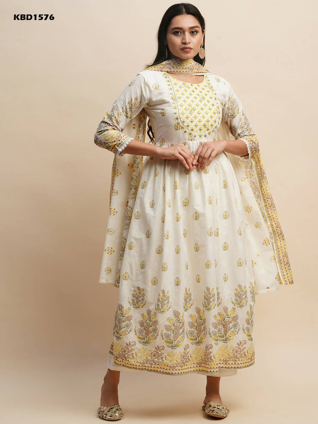 White And Yellow Pure Cotton Floral Printed Anarkali Kurta And Bottom With Dupatta - Akashara