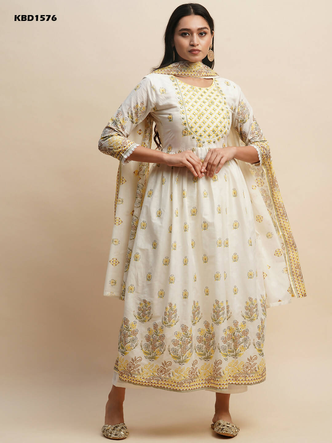 White And Yellow Pure Cotton Floral Printed Anarkali Kurta And Bottom With Dupatta - Akashara