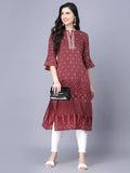 Myshka Silk Printed 3/4 Sleeve Round Maroon Women Kurta