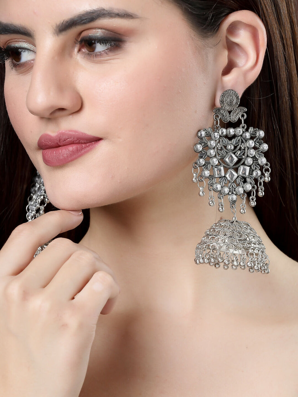 NVR Women's Silver-Plated Oxidised Artificial Stones Dome Shaped Jhumka Earrings