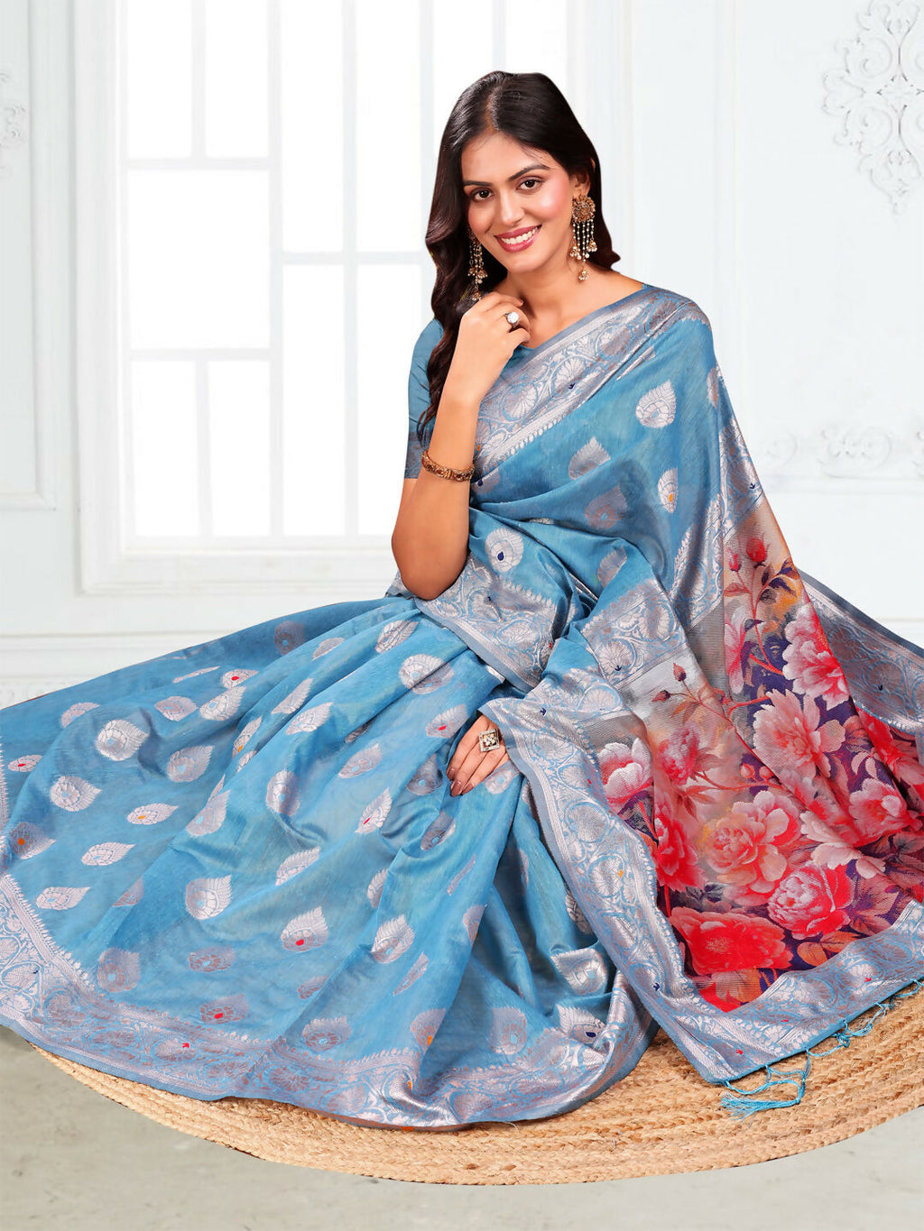 Shree Shyam Fashion Linen Cotton Sky Blue Saree