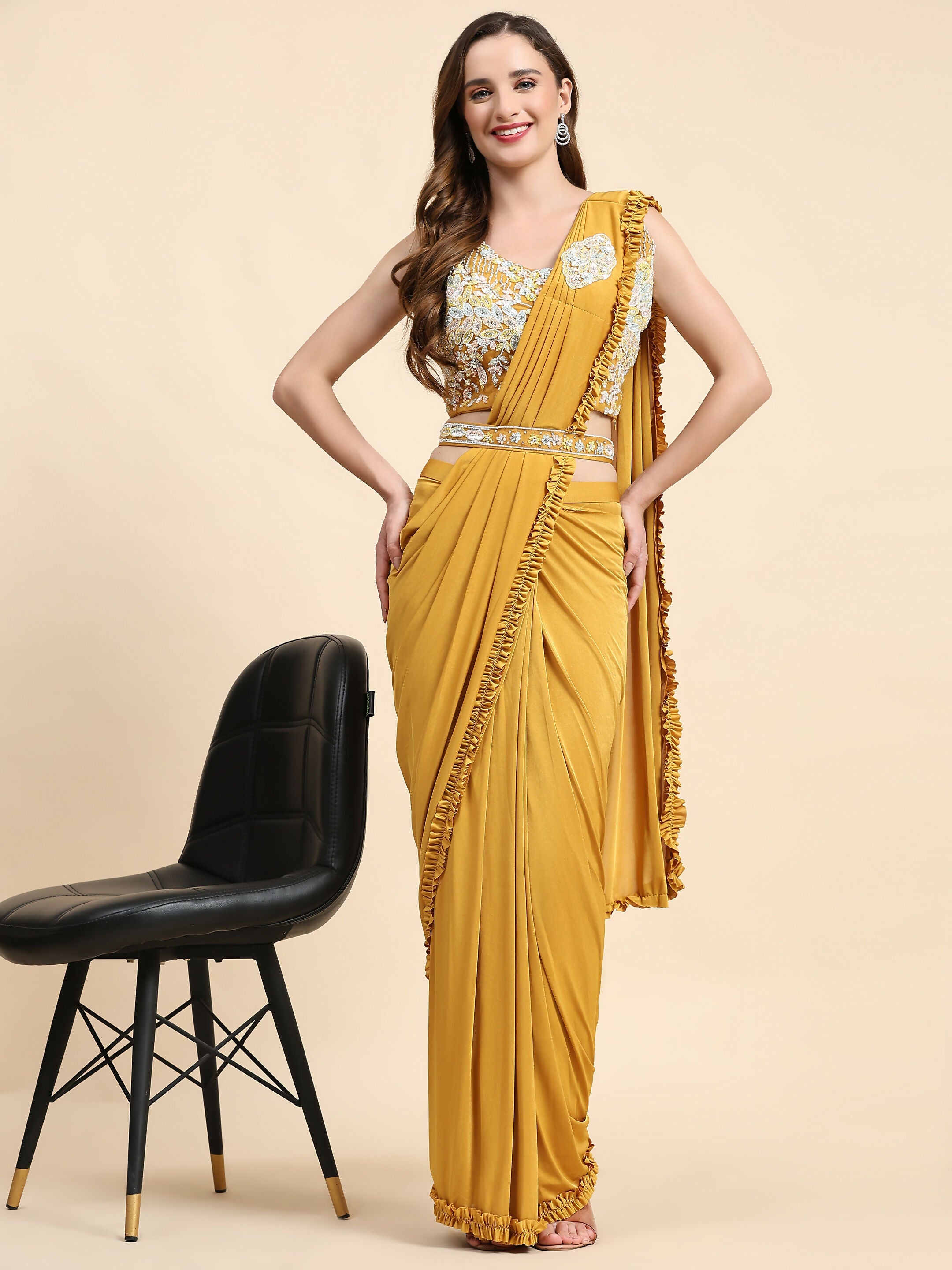 Yellow Lycra Solid Ready to wear Saree with stitched Blouse - Vanita