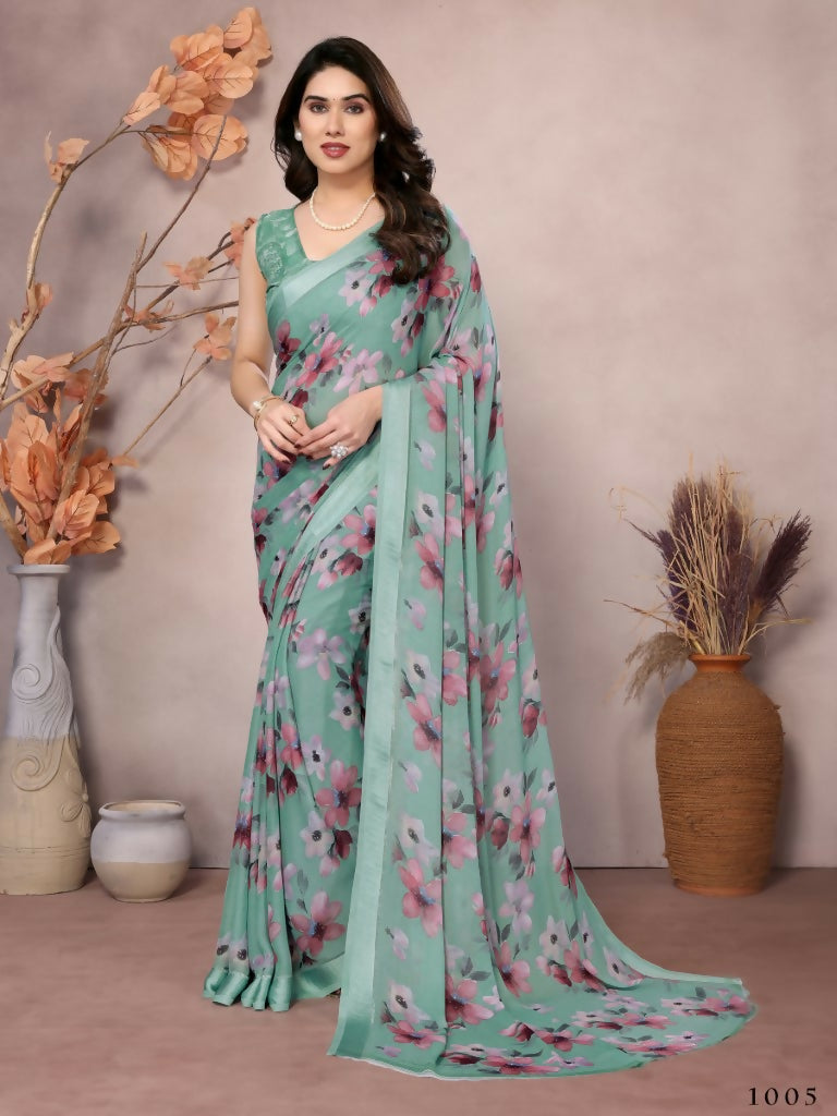 Designer Partywear Teal Bright Moss Satin Patta Fancy Saree - Kanak