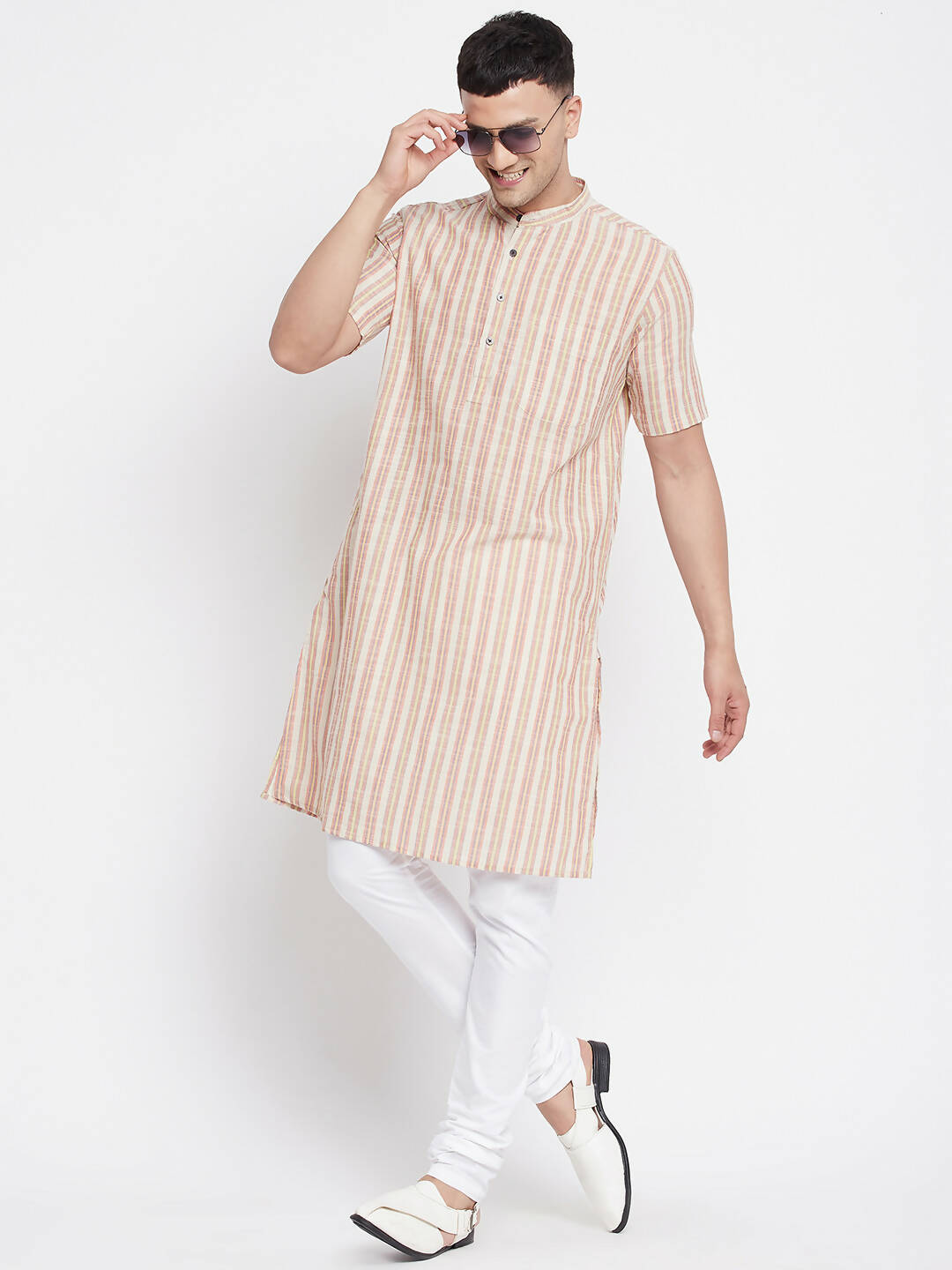 Even Apparels Yellow Pure Cotton Men's H/S Kurta With Band Collar