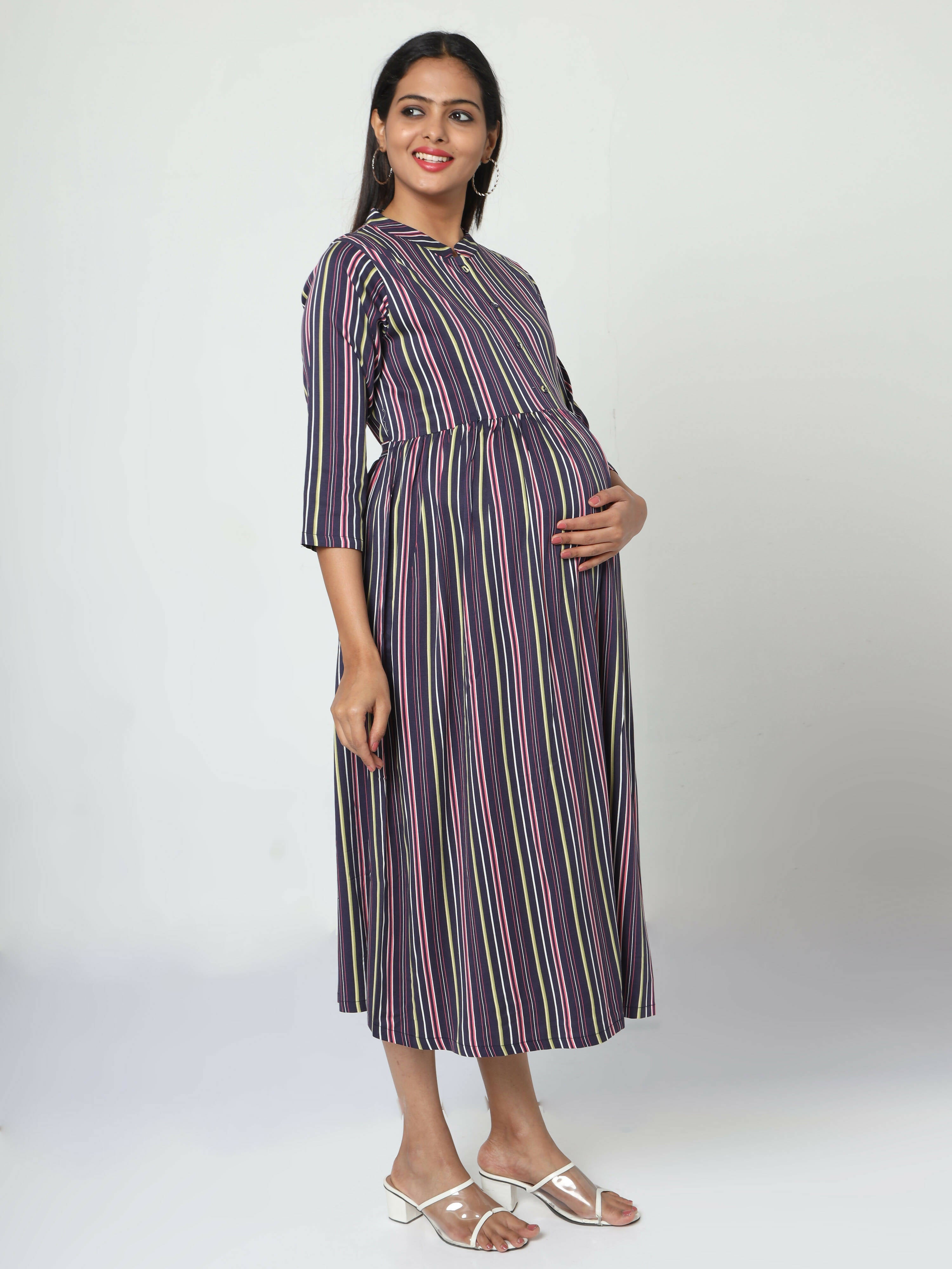 Manet Three Fourth Maternity Dress With Concealed Zipper Nursing Access - Navy Blue