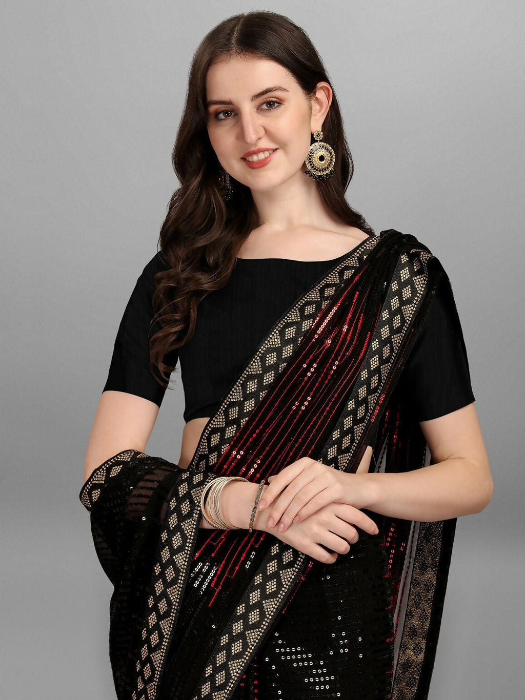 Vegaa Fashion Black Georgette Embroidered Party Wear Saree