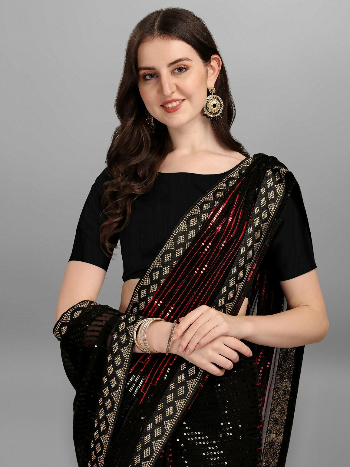 Vegaa Fashion Black Georgette Embroidered Party Wear Saree