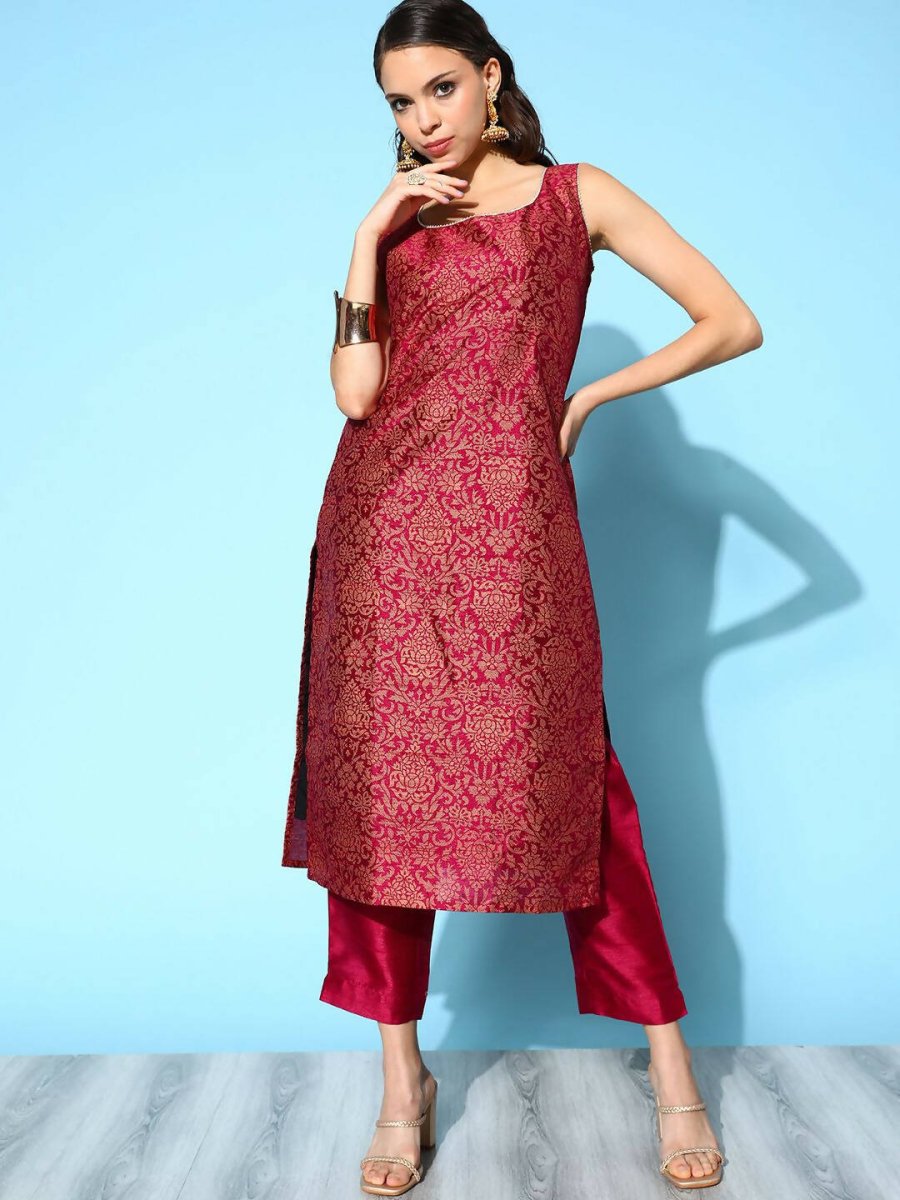 Ahalyaa Women's Wine Poly Silk Gold Paste Printed Kurta Pant Set