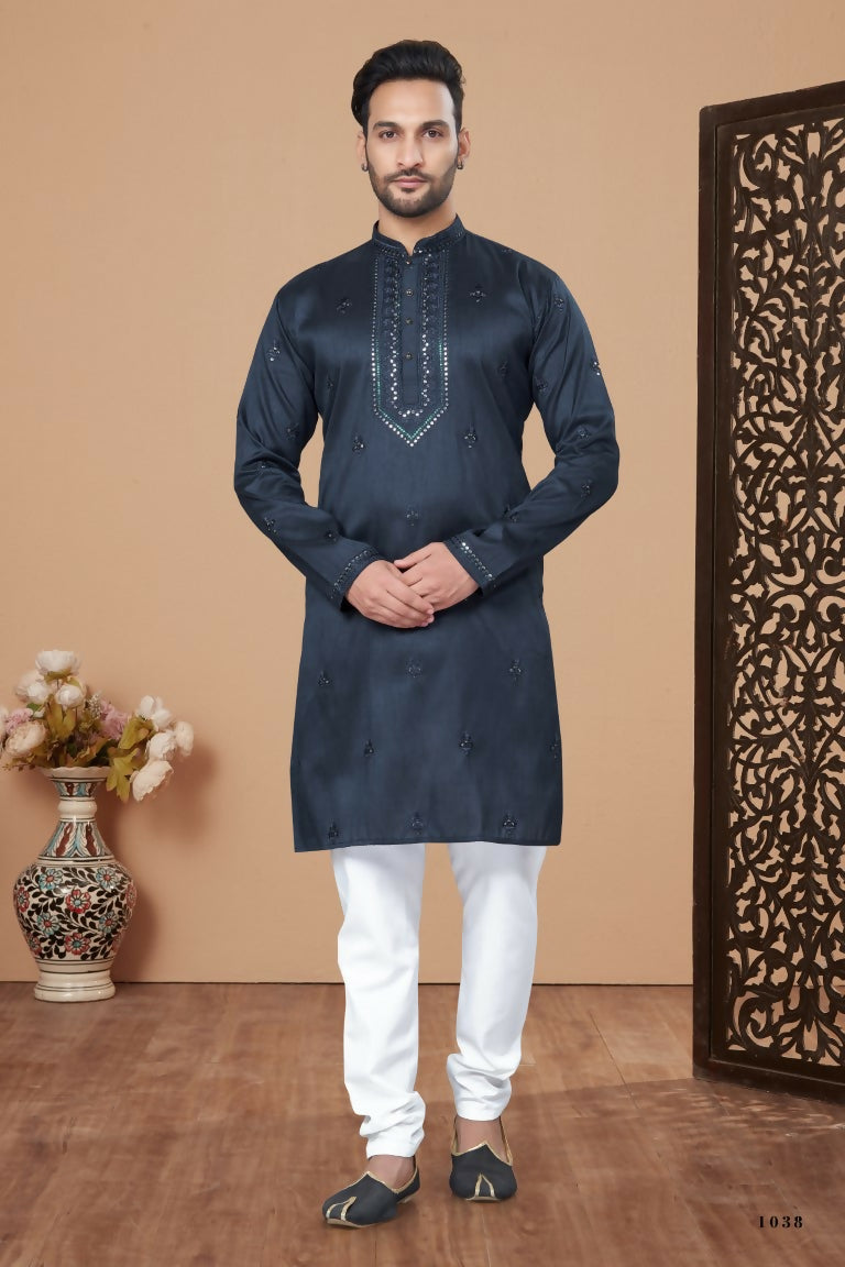 Functional Designer Men's Blue Heavy Super Silk Kurta With Pant - Rudra