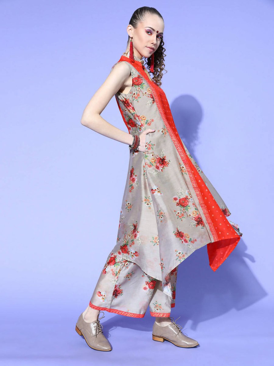 Ahalyaa Women Beige Colour Chanderi Digital Printed Kurta Palazzo Set