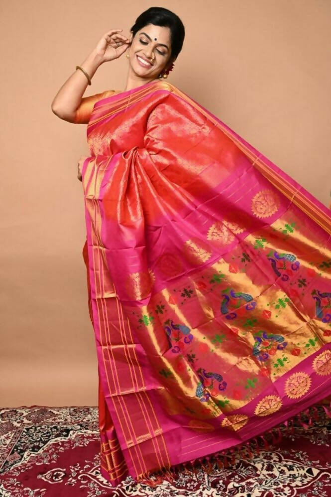 Very Much Indian Silk Handloom Maharani Paithani Complete Brocade Work Throughout Saree Peach Pink