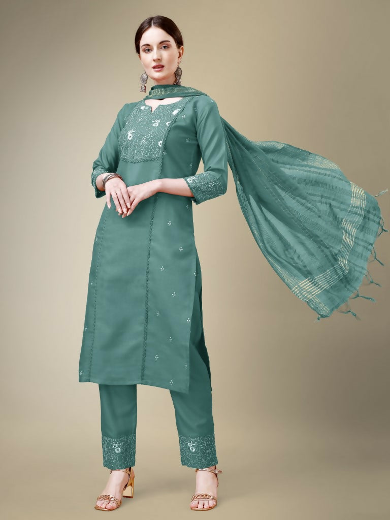 Jyoti Fashion Women's Teal Cotton Blend Embroidery & Fancy Lace work Kurta with Trouser & Dupatta